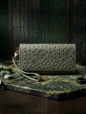 Ostrich-Embossed Leather Wallet/Wristlet Clutch, Made In India
